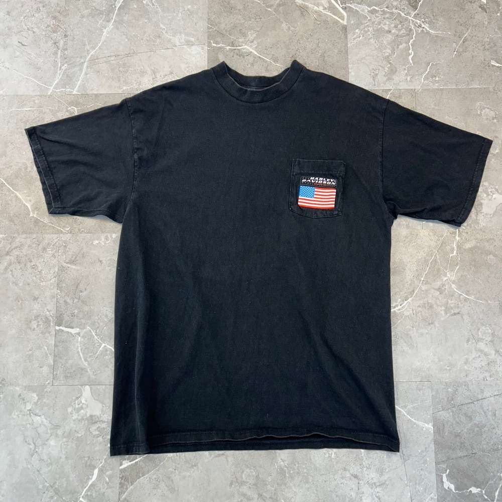 90s Vintage Harley Davidson Graphic Tee Men 2XL Pocket Shirt Daytona Biker Black